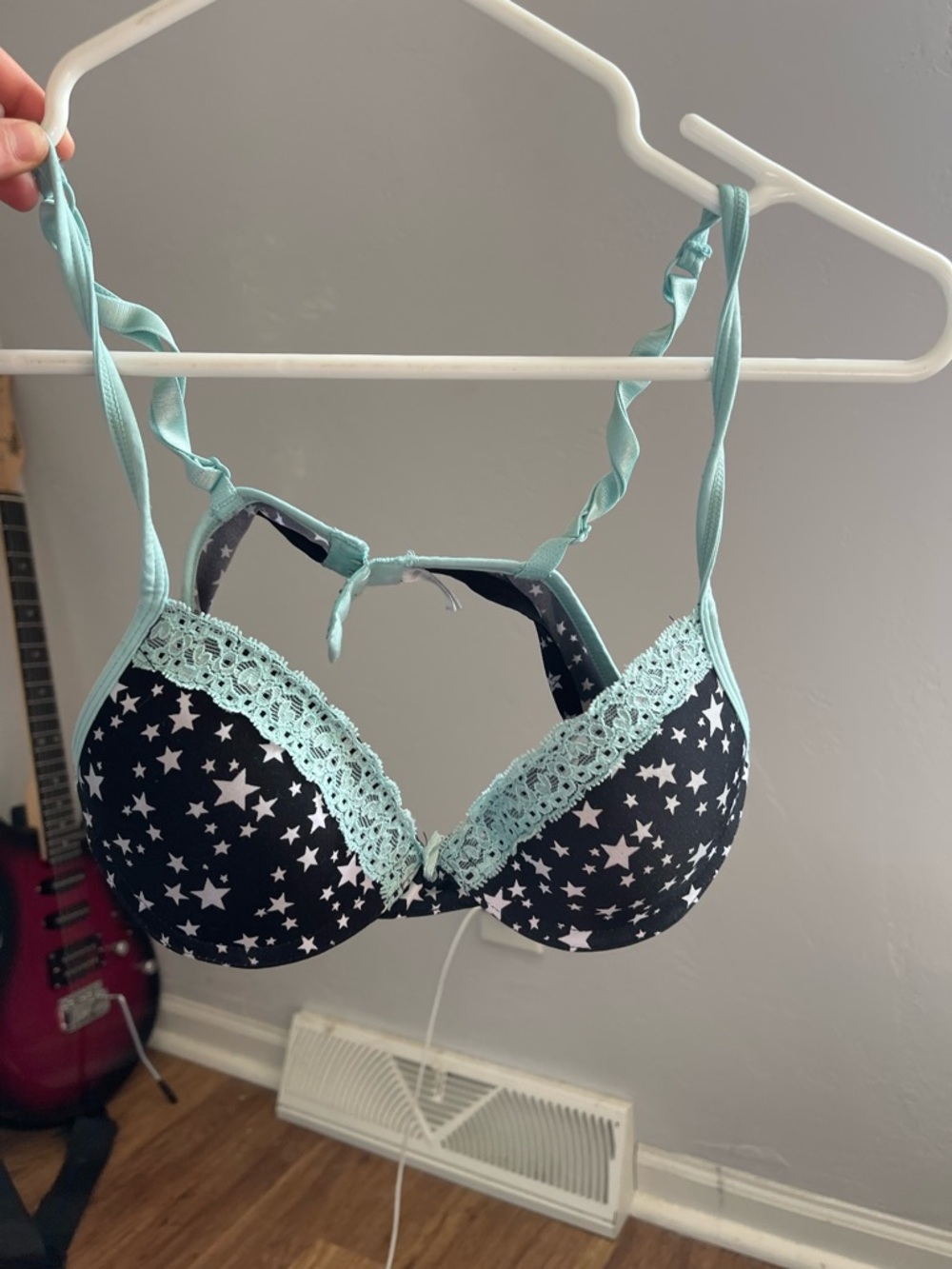 PINK Victoria's Secret Black Star Print Push-Up Bra with Mint Lace